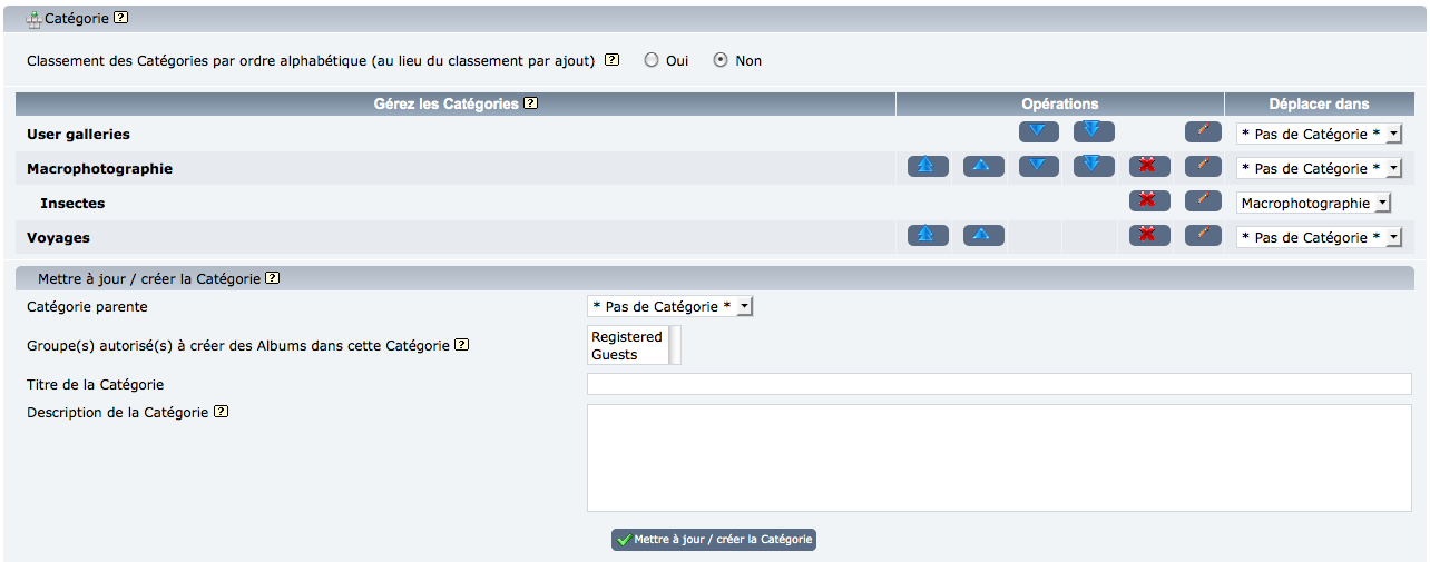 Le panneau de contrôle des catégories