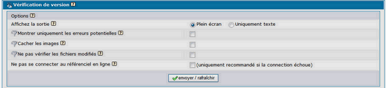 Options for the version check screen