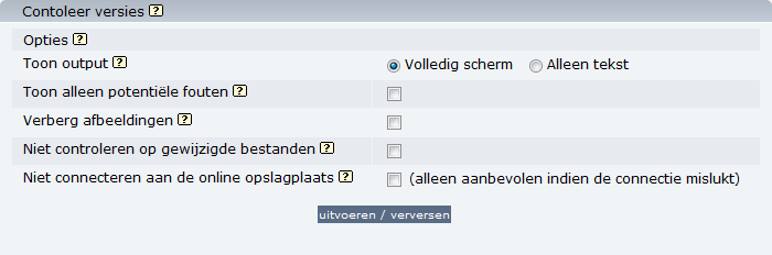 Options for the version check screen